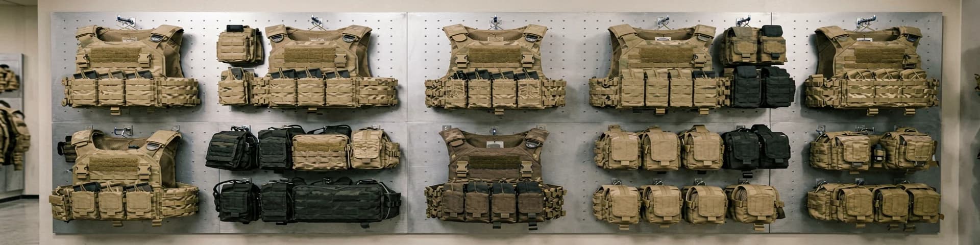 Tactical gear displayed for airsoft — plate carriers, battle belts, and pouches